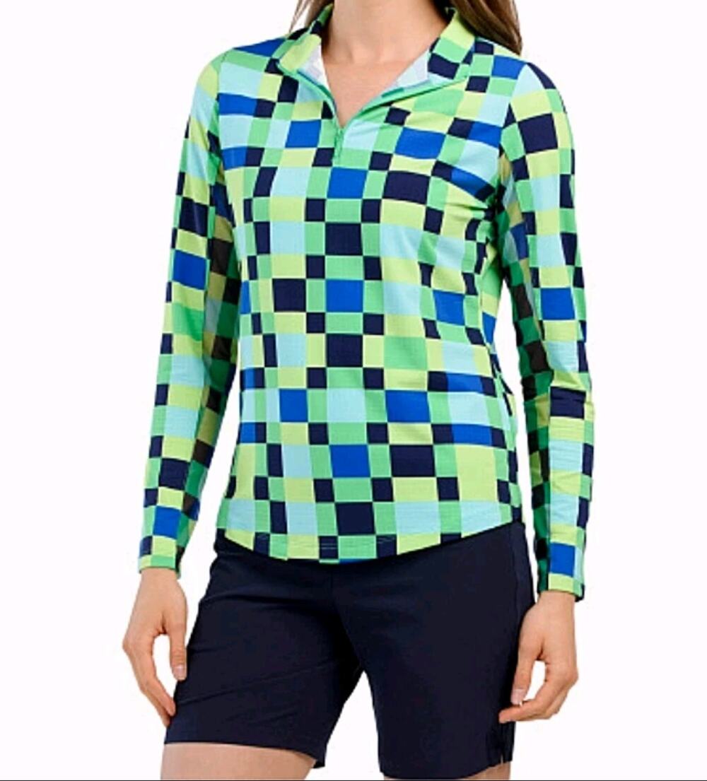 IBKUL Shirt Womens Sm Blue Green Check Long Sleeve 1/4 Zip Golf Mesh Pickleball